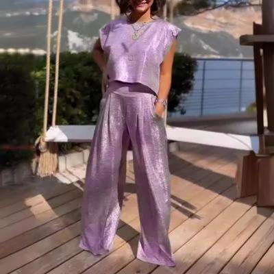 Γυναικεία Γυαλιστερά Σετ Δύο Τεμαχίων Μπλούζα Κοντή Αμάνικη με Στρογγυλή Λαιμόκοψη Σετ Παντελόνι με Φαρδύ Πόδι Casual Άνετο Σύνολο Σετ για Χαλάρωση