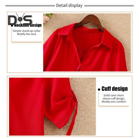 Dámská košile s klopou, poloviční rukáv, střední délka, ležérní topy, jednobarevná, vypasovaná v pase, volný střih, šifonová halenka, pro každodenní nošení