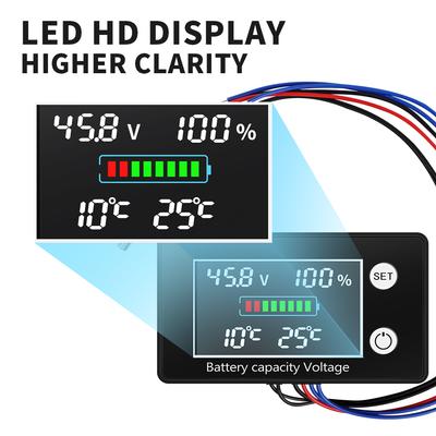 Battery Capacity Indicator DC 10V-100V Lead Acid Lithium LiFePO4 Car Motorcycle Battery Voltage Gauge with Temperature Control