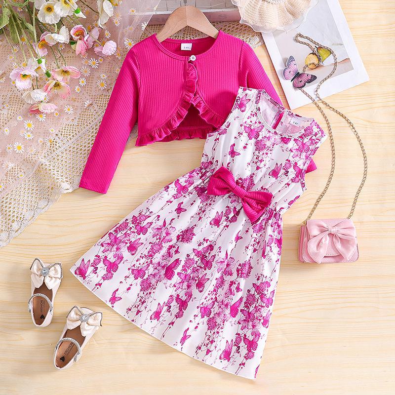 Spring-Autumn Girls' Princess Jacket & Vest Set: Long Sleeve Dress with Printed Vest