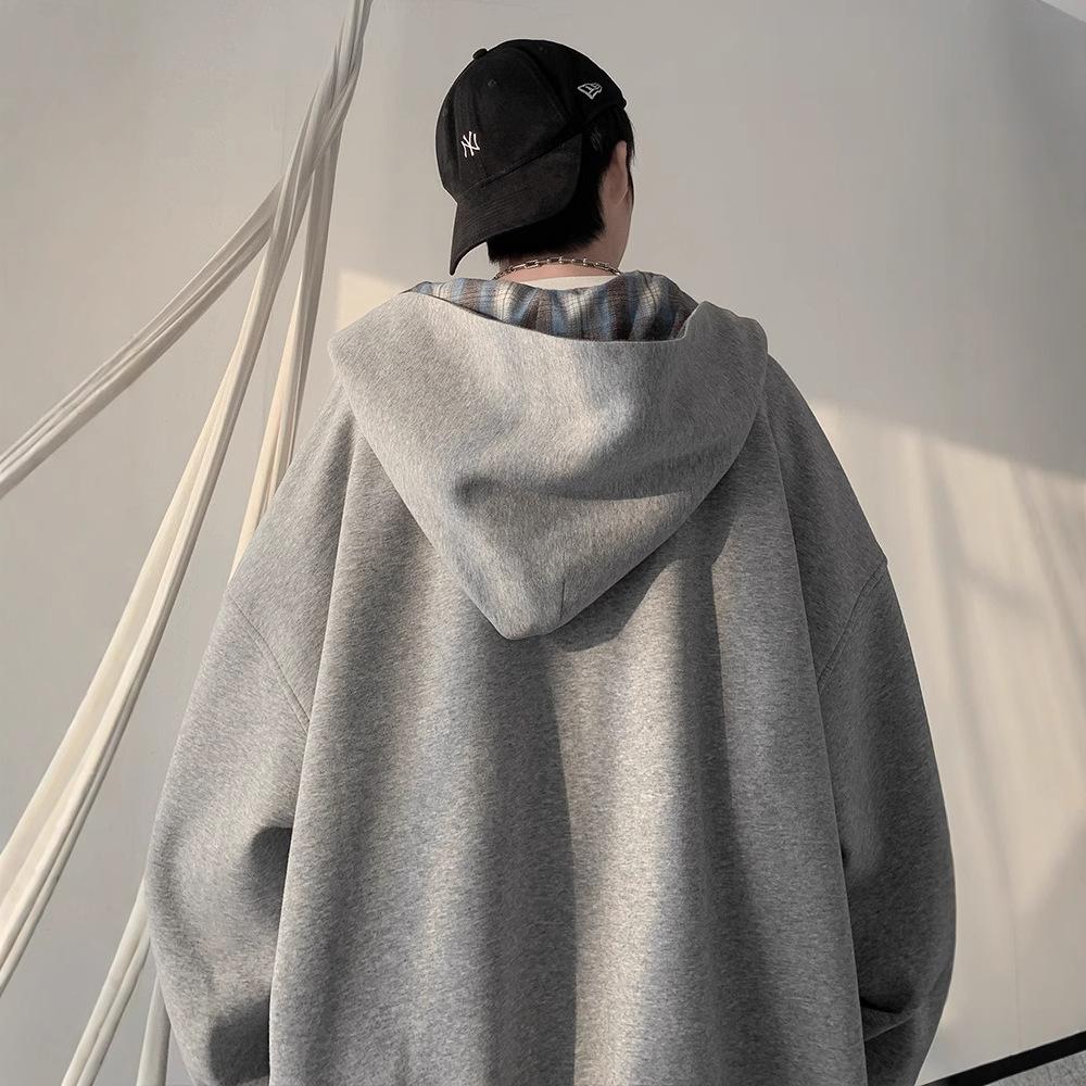 Plaid Cardigan Sweater Men's Heavy Hooded Loose Versatile College Jacket in Autumn and Winter