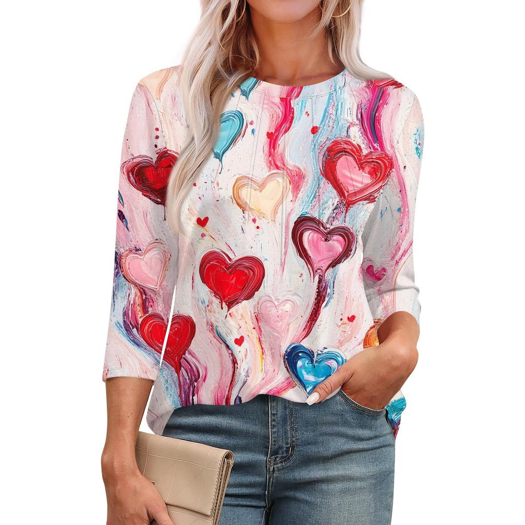 Women's Fashionable Round Neck 3/4 Sleeve Printed Casual Basic Pleated Pullover T-shirt Top