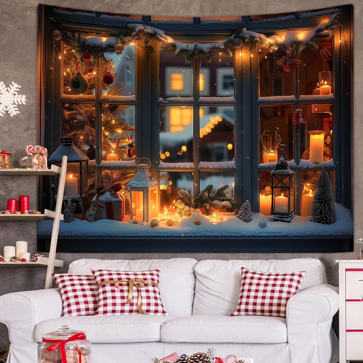 1pc Christmas tapestry, snow background banner outside the Christmas tree window, Christmas fireplace tapestry 90x75cm