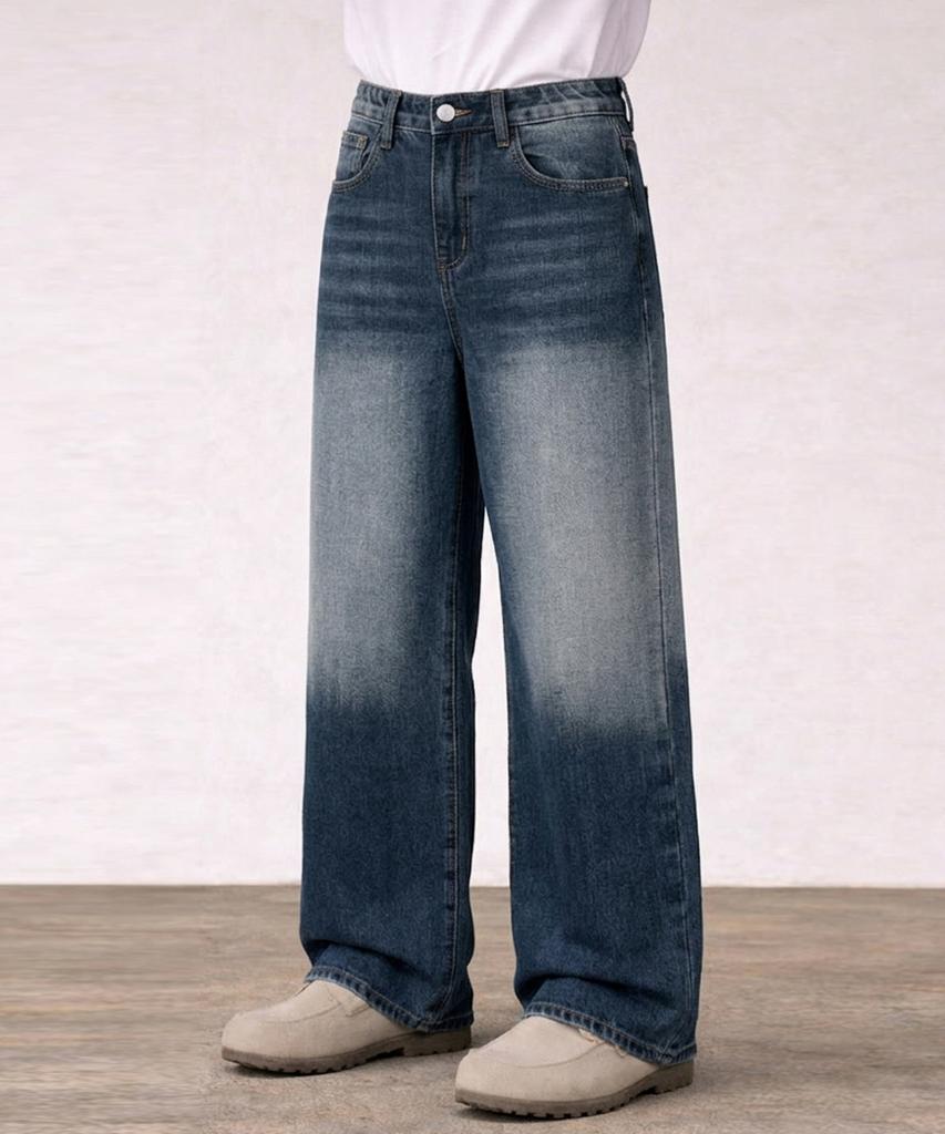 Jikeulib Secret Elastic Waist Vintage Washed Wide Straight Denim Pants 4 Colors (Type A)