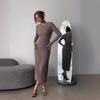 2024 Autumn Women's Solid Color Slim Fit Knitted Long Dress with Round Neck