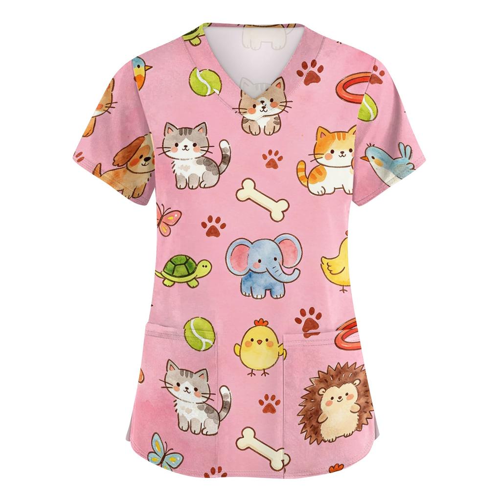 Women's V Neck Short Sleeve Work Top with Pockets Animal Print Medical Scrub Shirt for Healthcare Professionals Comfortable Fit