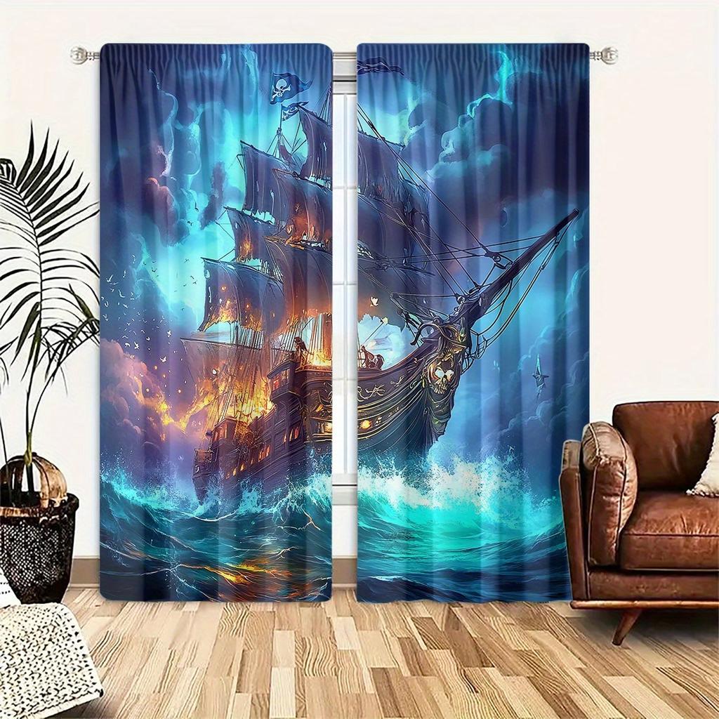 2er Set HD Meereswellen Segelboot Druck Vorhänge - Lichtdurchlässig, Stangentasche Design für Schlafzimmer, Wohnzimmer, Büro Dekor - Langlebig