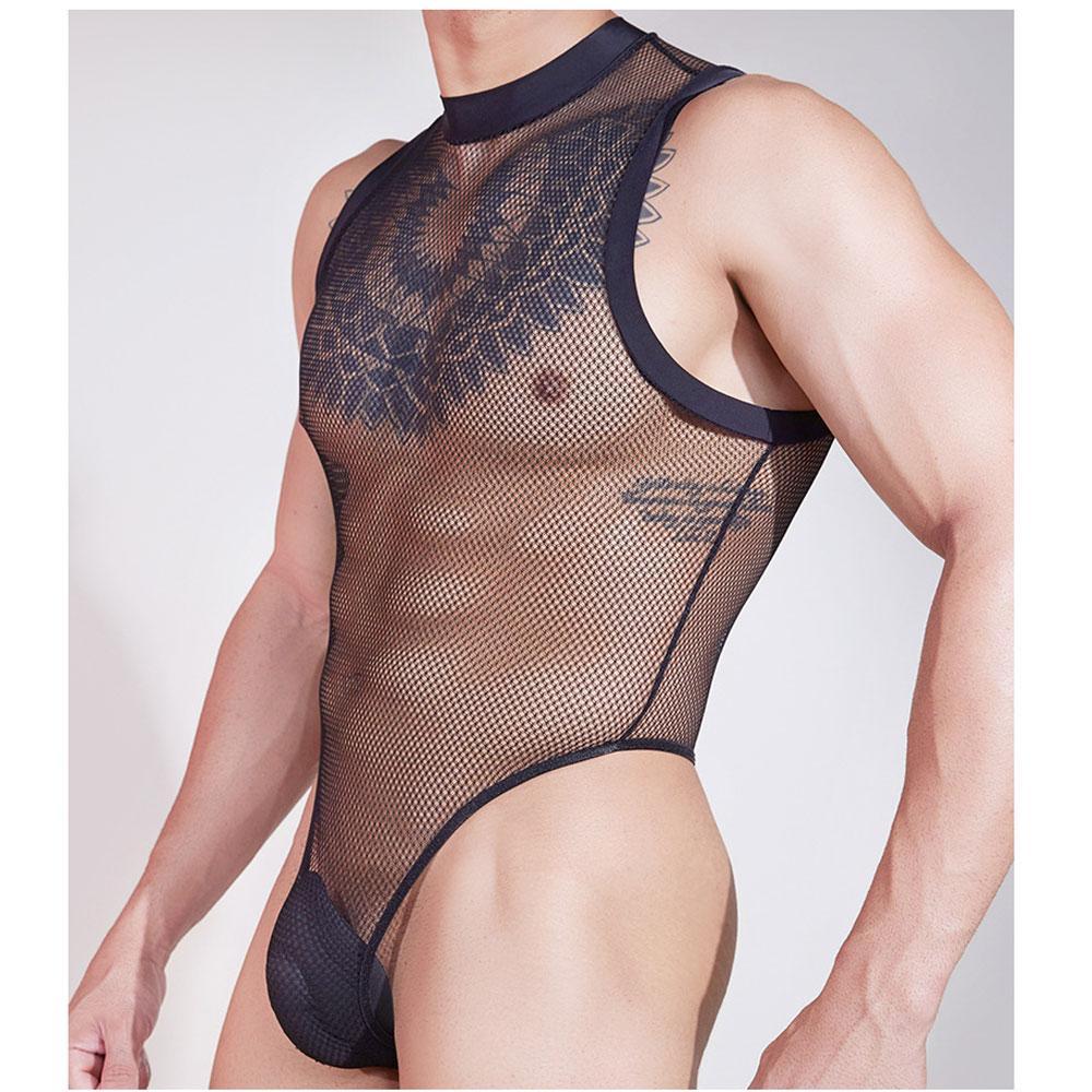 Men'S Open Crotch Sleeveless Bodysuit Tops Sexy Mesh Sheer See Through Shaping Wear Tights U Pouch Bulge Muscle Show Oneises
