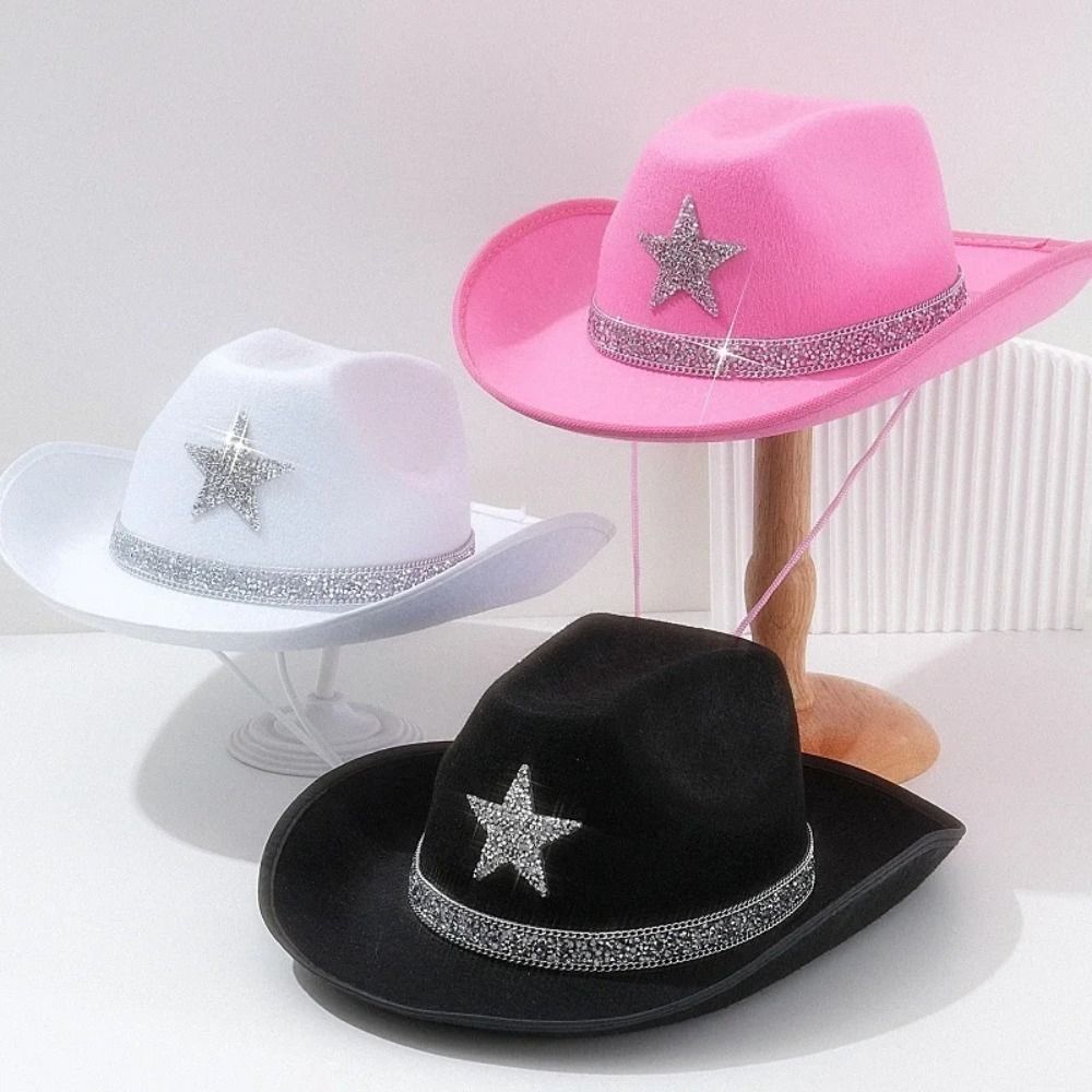 Wide Brim Cowboy Hat Sparkly Star Cowgirl Hat Fashion Jazz Cap  For Dress-Up Party Festival