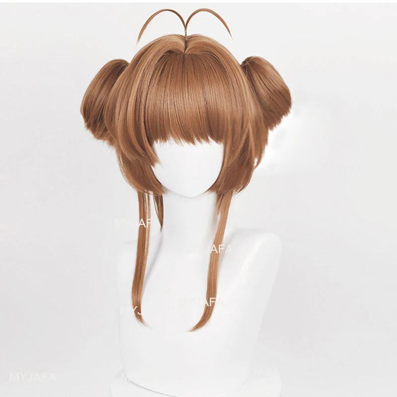 Anime Card Captors Sakura Cosplay Wigs Sakura Kinomoto Wig Heat Resistant Synthetic Hair Halloween Party Wigs +WigCap + Hairband