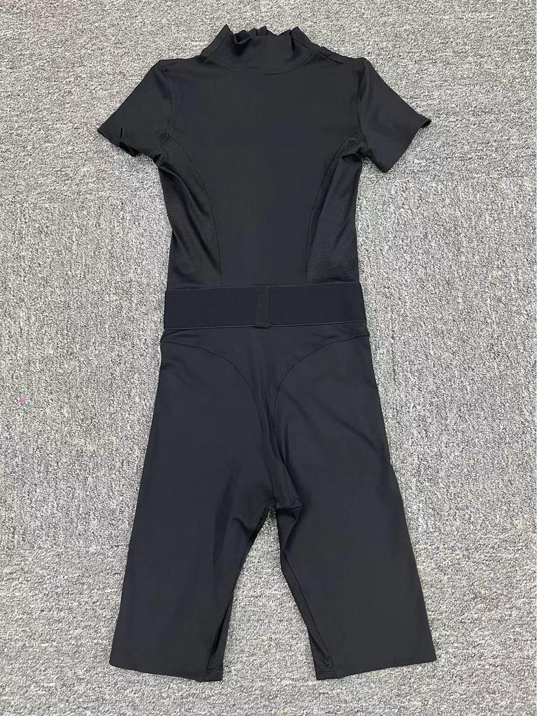 Women's Waist-Hugging Open-Neck Short-Sleeve Mesh Patchwork Yoga Jumpsuit - Fitness Sportswear