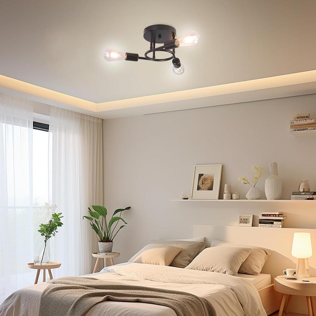 Semi Flush Mount Ceiling Light Metal Black Sputnik Chandelier 3 Light E27 Bulb Base Near Ceiling Light for Living Room Hallway