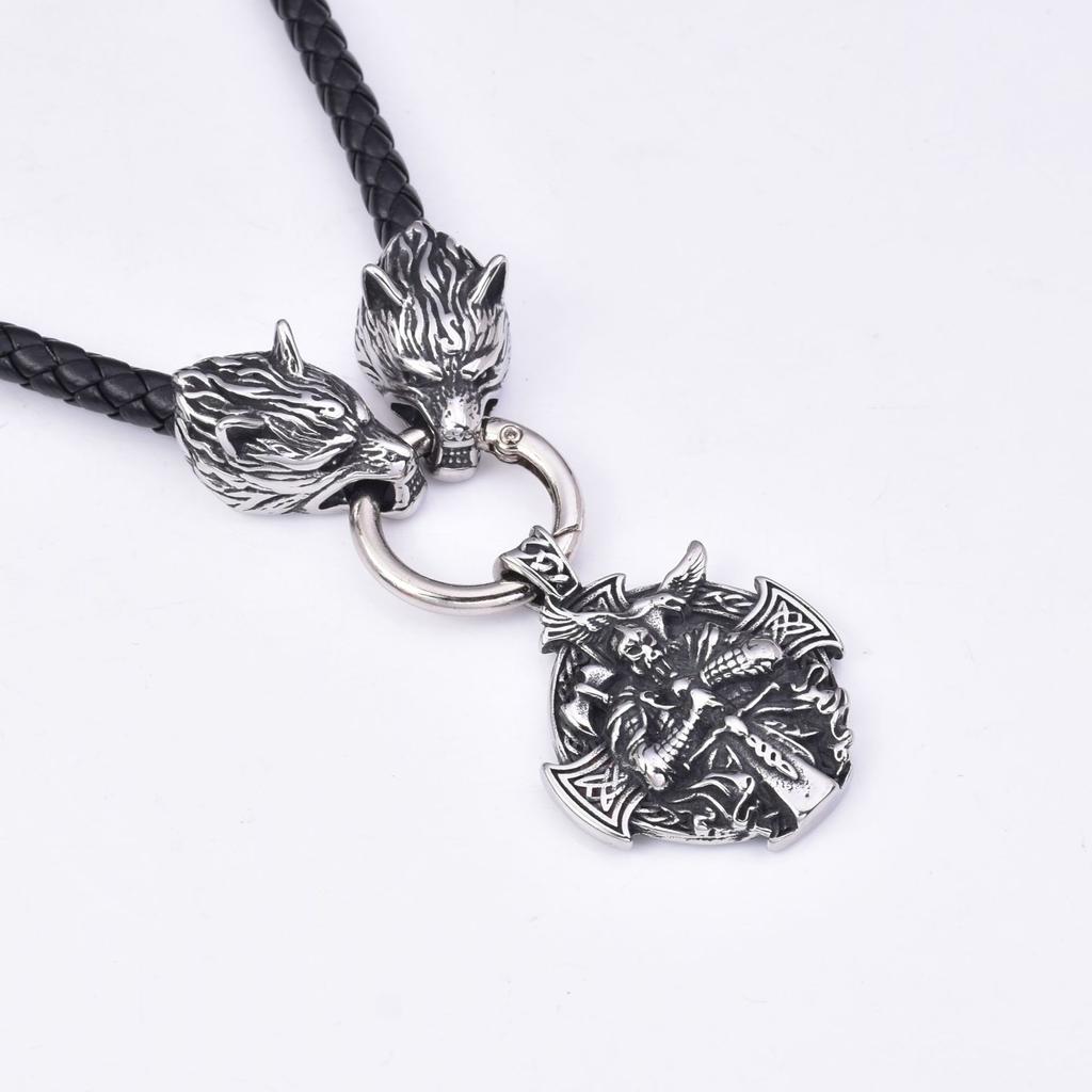Explosive Men 'S Stainless Steel Viking Wolf Head Cross Warrior Odin Pendant Necklace Jewelry 