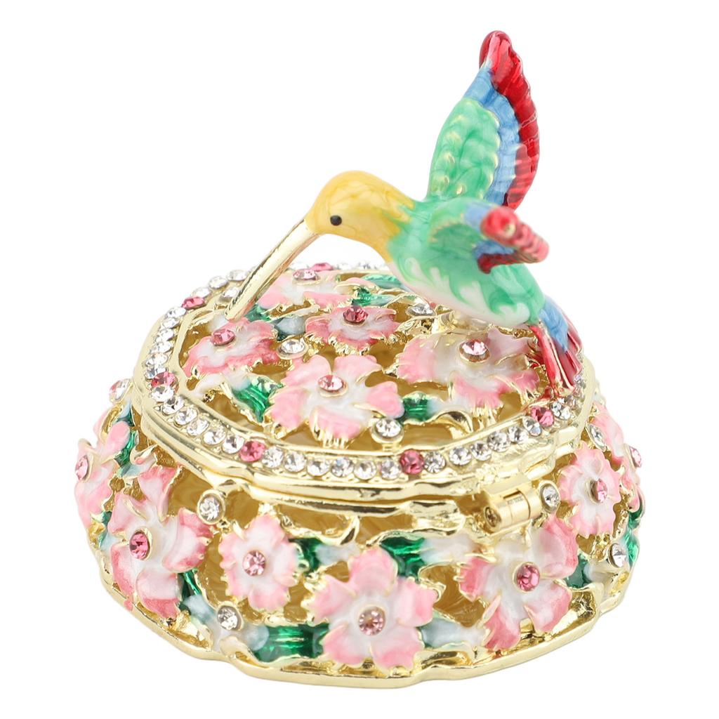 Round Hummingbird Pattern Enameled Jewelry Box Decorative Metal Trinket Box Vintage Jewelry