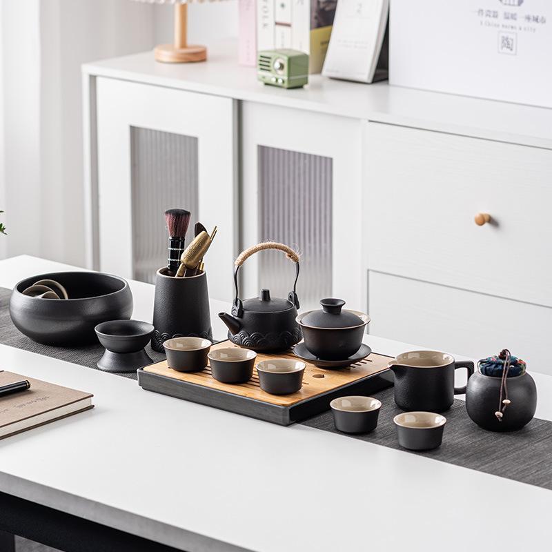 High-end Black Pottery Kung Fu Tea Set Home Living Room Simple Ceramic Dry Brew Tea Tray Light Luxury Modern Large Set Gift Box