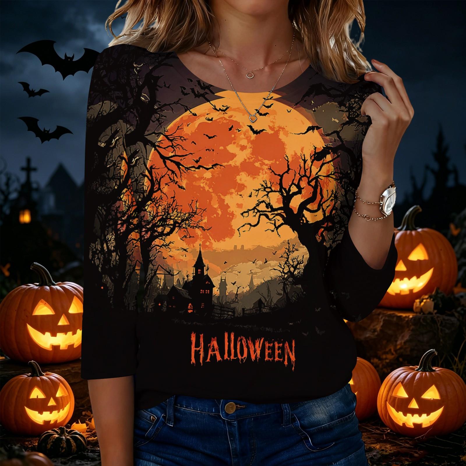 Women s Casual Halloween Printed Crew Neck Three Quarter Sleeve T Shirt Top Lightweight Comfortable Fit S
