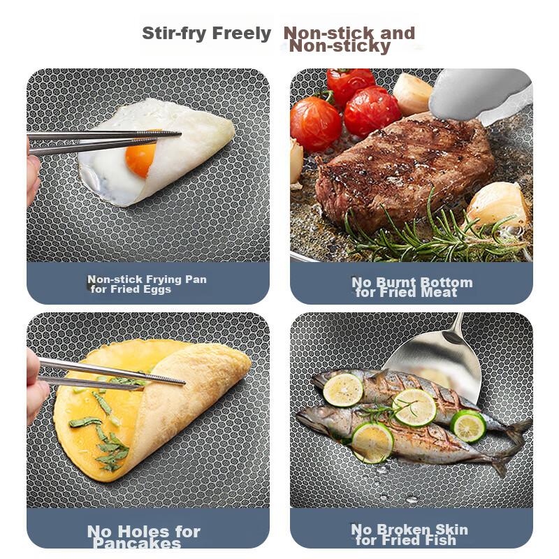 Wok, 316 Stainless Steel Frying Pan, 34cm Non-Stick Wok with Three Layers of Steel, Compatible with Gas And Induction Cooktops, MCC3919