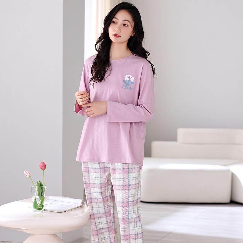 Reine Baumwolle Pyjama Damen Frühling Langarm Rundhals Große Größen Baumwolle Damen Loungewear Set