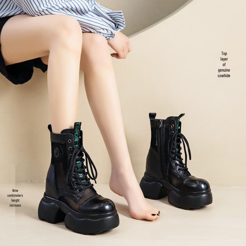 

10-сантиметровая платформа, сандалии-гладиаторы из натуральной кожи для женщин - европейский/американский стиль, дышащая сетка, высокие каблуки 39 чёрный