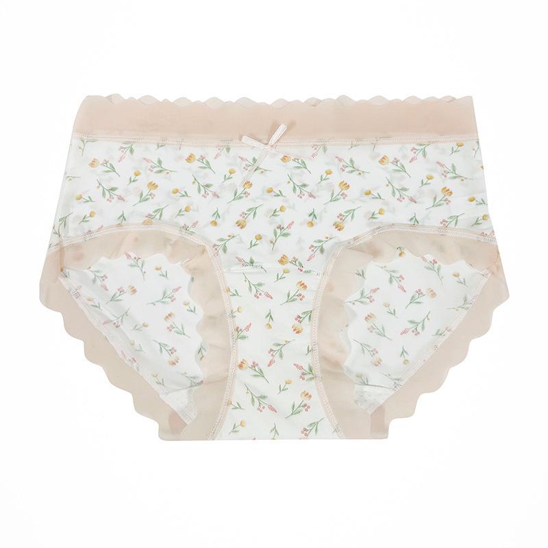 New Floral Ice Silk Girls' Underwear, Mid-Waist Seamless, Cute, Breathable, Hip-Hugging, Thin, Antibacterial Crotch, Pastoral Style
