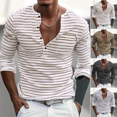 Fall Spring Men Top V Neck Striped Print Color Matching Long Sleeves