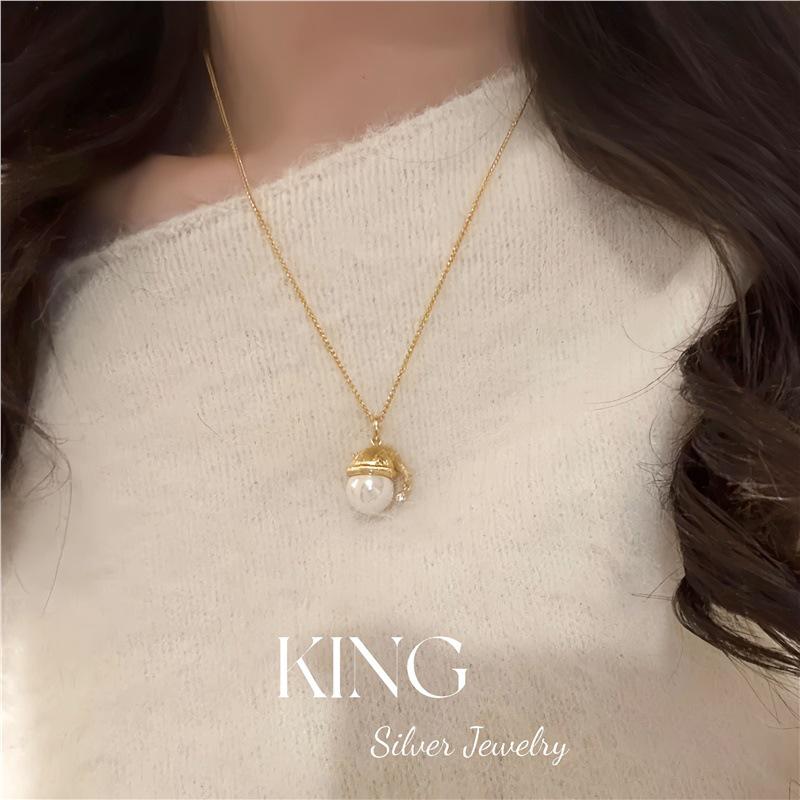 Christmas Pearl Gold Bead Necklace | 925 Silver Gold-Plated Brushed Australian Retro Fashion