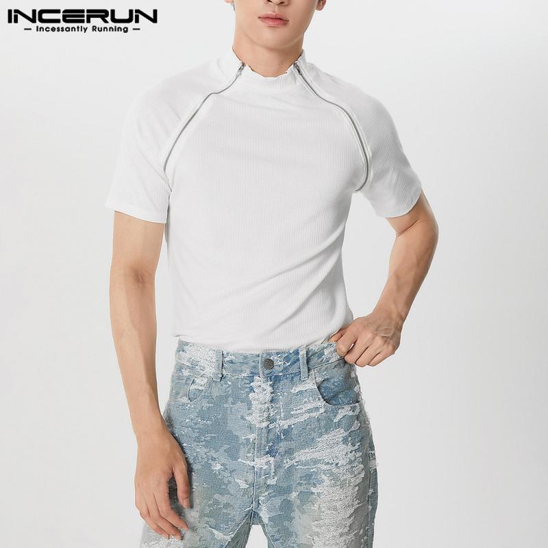 

INCERUN Men Summer T-shirts Short Sleeve Fitted Zipper Front Tops 5XL білий