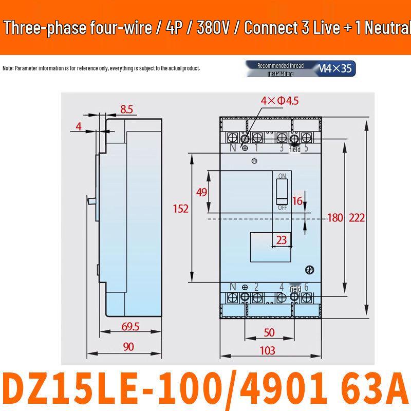 Chint DZ15LE-4901 Circuit Breaker with Leakage Protection, 2P/3P/4P, Plastic Shell, 63A/100A