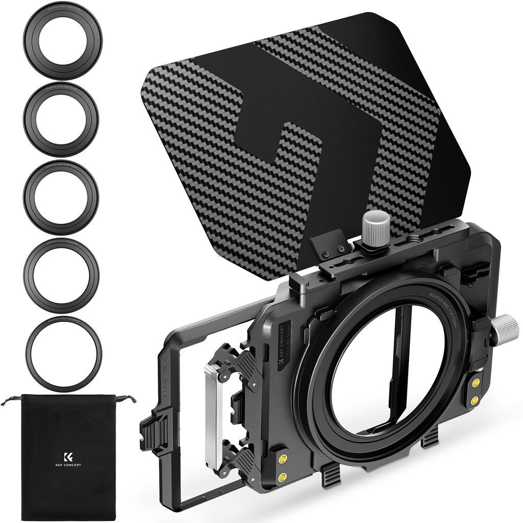 Concept Mini Matte Box with Filter Carbon Fiber Lens Includes Adapter Rings for and 95mm Holds Two Square Includes Pouch K&F 4x5.65" Frame, Hood,