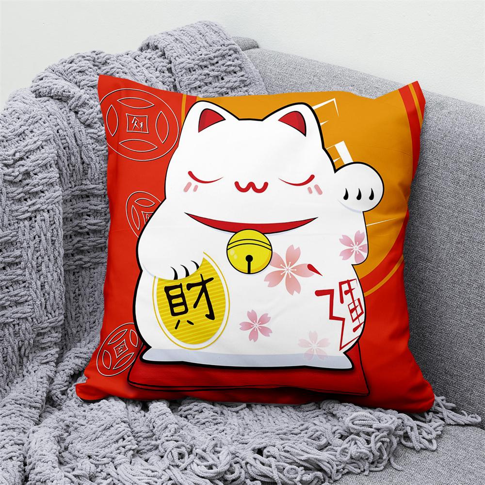 Lucky Cat Japanese Style Sofa Bed Decorative Pillow Cover Home Decor Mount Fuji  Art Cushion