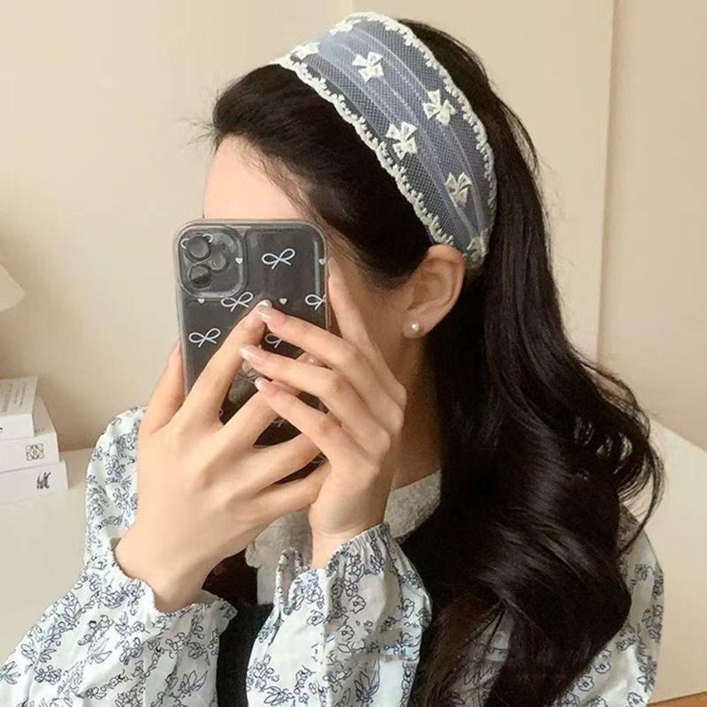 Haarband mit breiten Rändern, bestickter Spitze, Schleife, Netzhaarreif, elegantes Haarband mit Schleife, Geburtstagsgeschenk