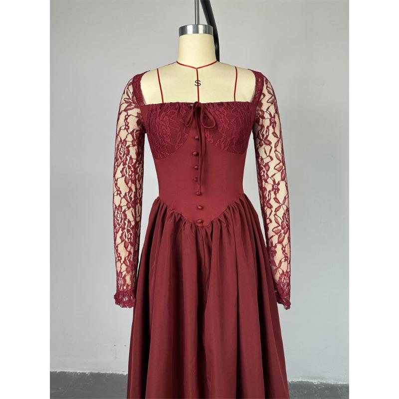 Damenkleid Frühling und Herbst Temperament Quadratischer Ausschnitt Spitze Langärmlig Tailliert Einfarbig Midilänge Kleider