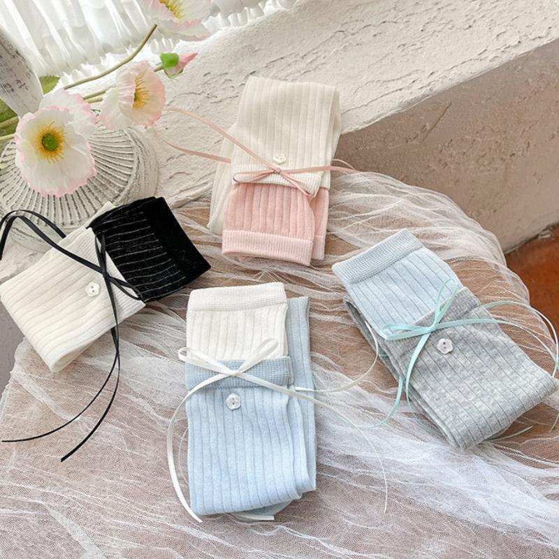 Girls Knee-High Socks Set Spring Summer Bow Lace Sock Sweet Princess Style Solid Color High Socks