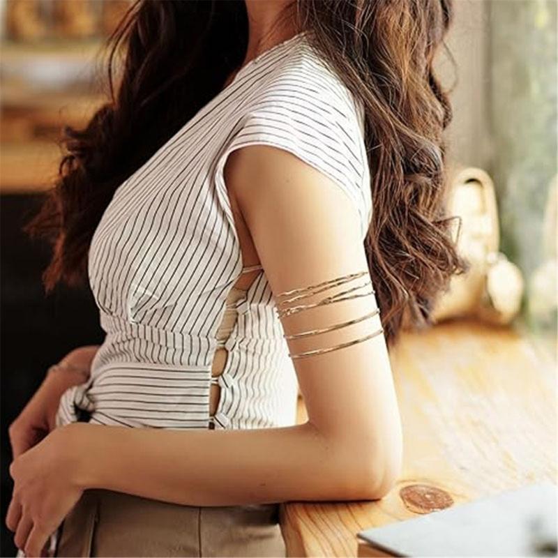 Assorted Open Cuff Bracelet Set, 8 Metal Arm and Wrist Accessories with Mixed Leaf, Wire and Chain Design Details