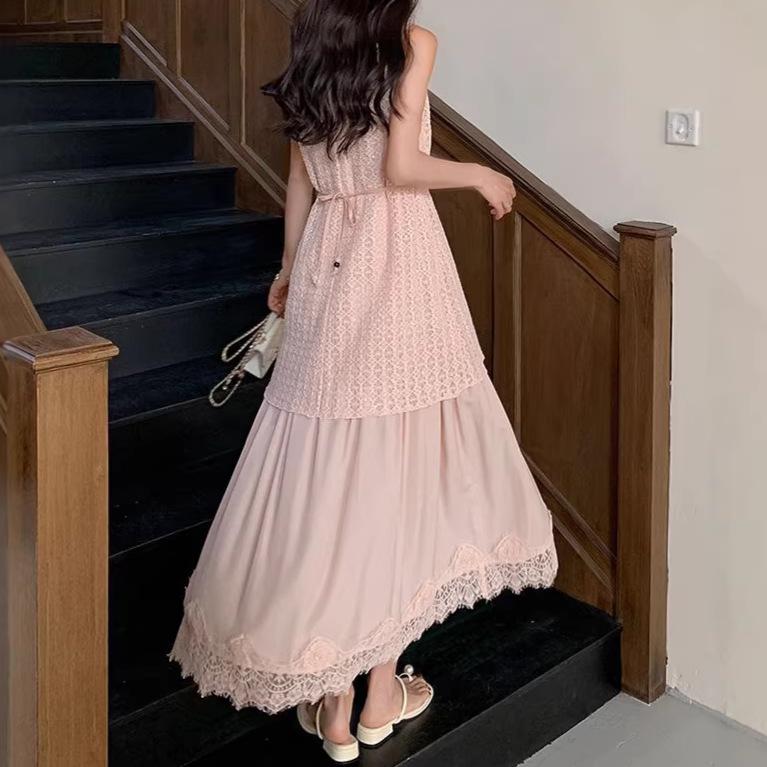 2026 Summer Flattering Lace Patchwork Vest Dress for Curvy Figures - French Style