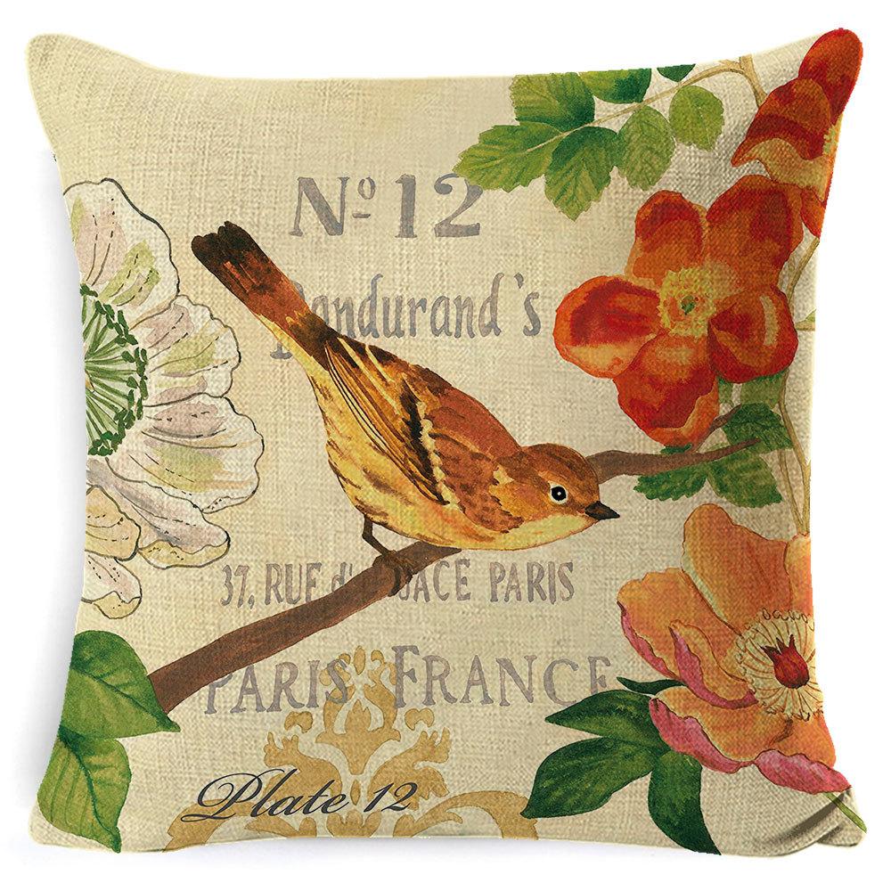 Village Style Rural Flower And Bird Sofa Pillow Cover Linen Spring Cushion Cover Car Waist Backrest Cover
