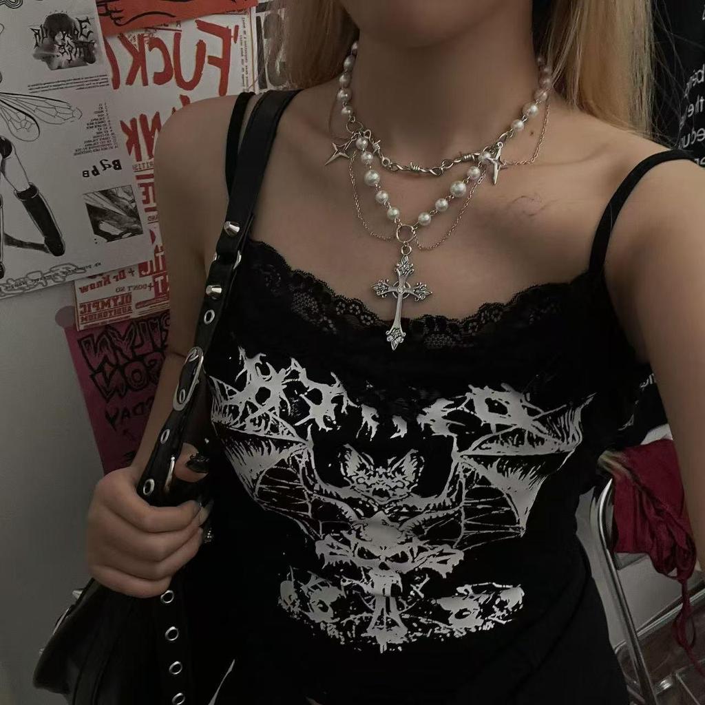 Y2K Korálkový náhrdelník s hvězdou - Punkový Goth styl z titanové oceli pro ženy