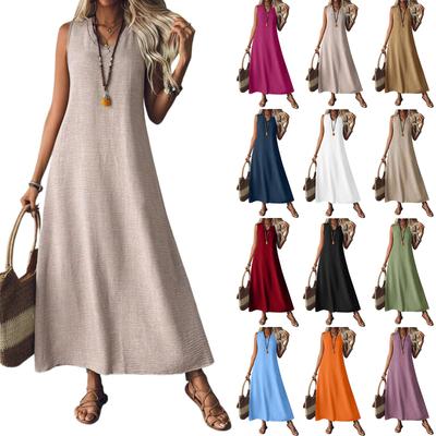 Women's Fashion V-Neck Sleeveless Solid Colour Zip Casual Holiday Long Cotton Linen Dresses