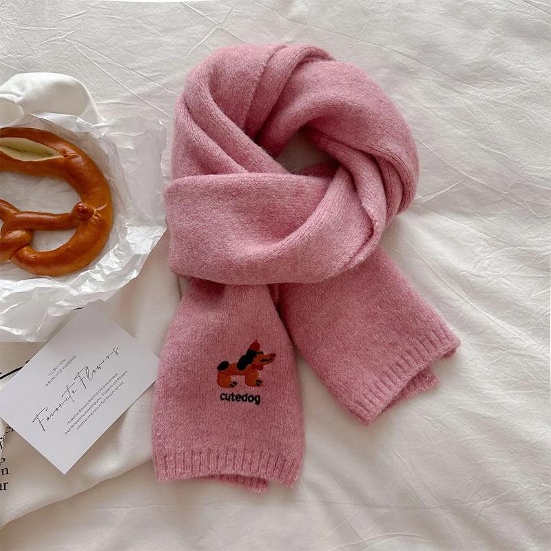 2024 Neu Warmer und Vielseitiger College-Stil Gestrickter Niedlicher Kleiner Hund Bestickter Schal für Damen im Herbst und Winter