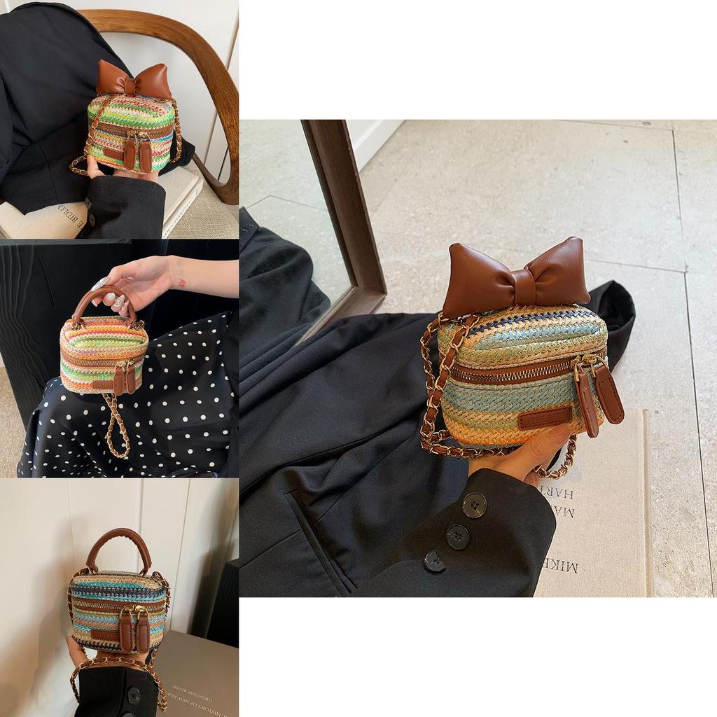 Chic Woven Pu Mini Handbag Stylish Striped Pattern Ultra-light Trendy Purse