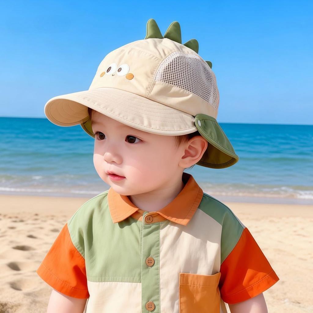 Baby Sommer atmungsaktiver Netz-Eimerhut mit abnehmbarem Nackenschutz großem Schirm Sonnenschutz niedliches Bären-Design für Jungen und Mädchen