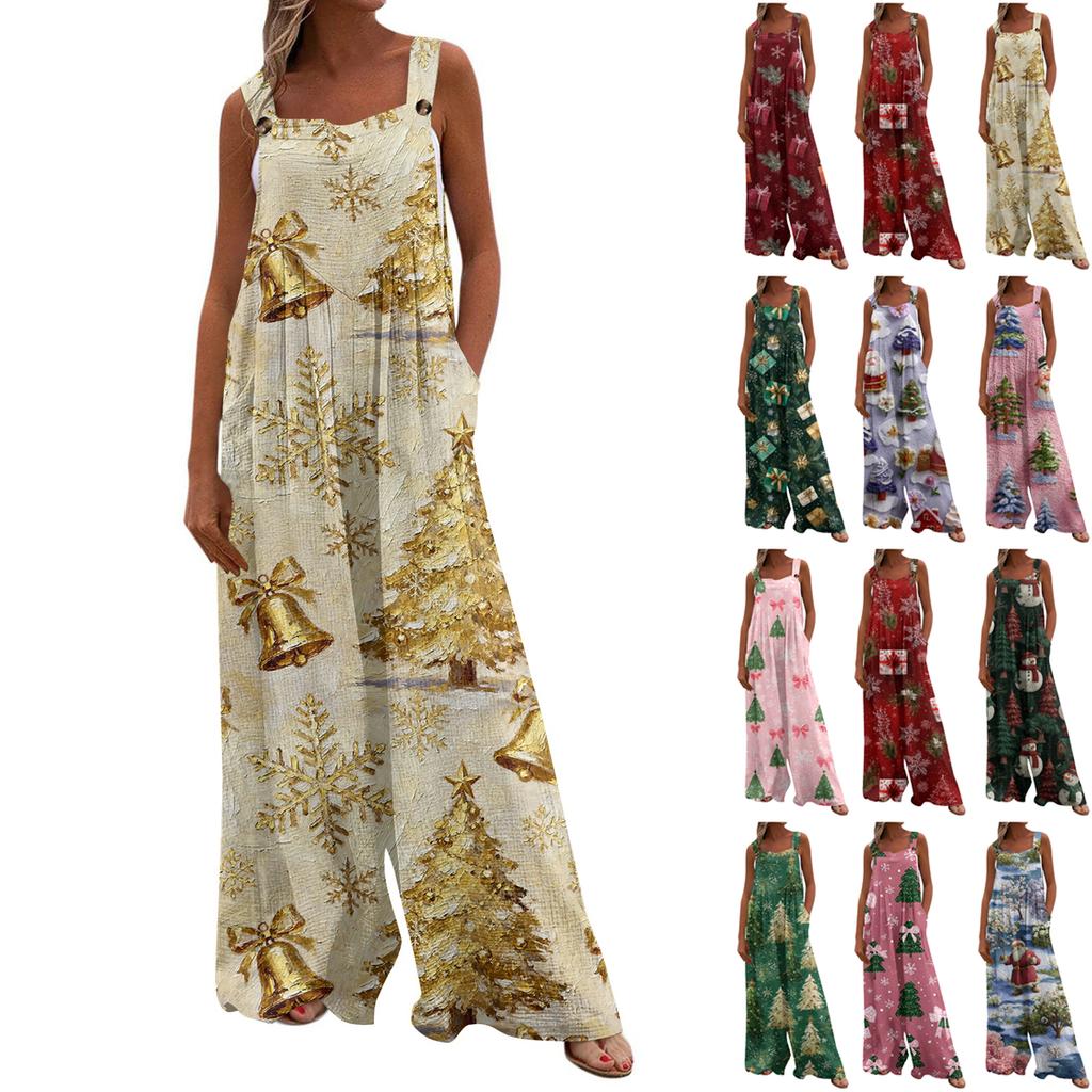 Women's Christmas Print Solid Wide Leg Strapless Tank Pocket Casual Onesie
