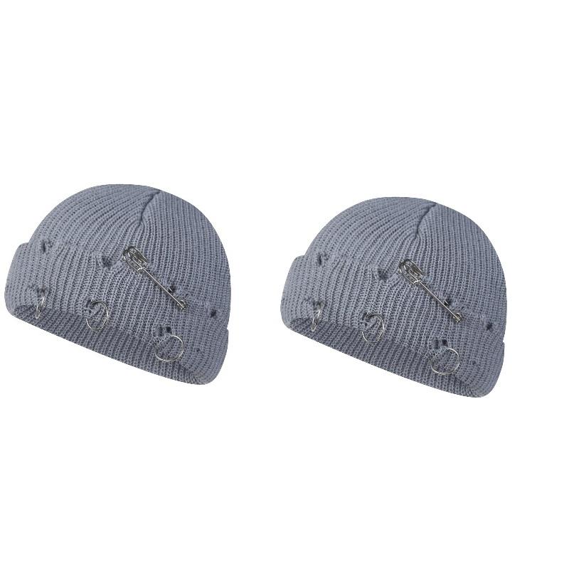 Women Girls Y2k Gothic Beanie Winter Knit Hats Trendy Metal Rings Pin Hip Hop Streetwear Harajuku Skull Cap Emo Scene Grunge