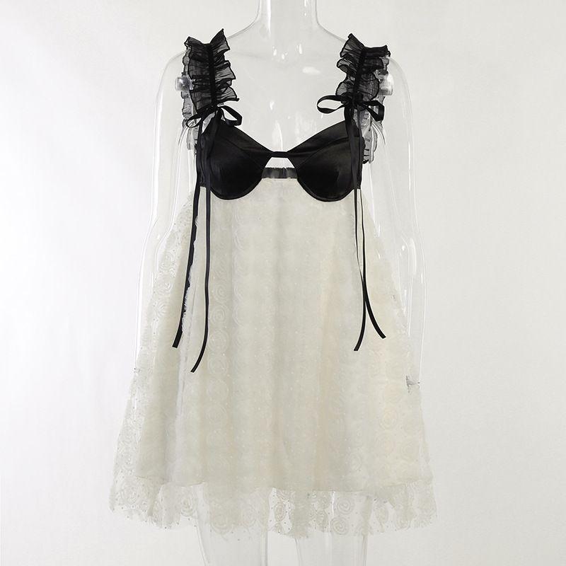 

European and American Style Lace Patchwork Flowers Contrast Color Sexy Backless Dress Lace Panel Backless Dress Apricot L