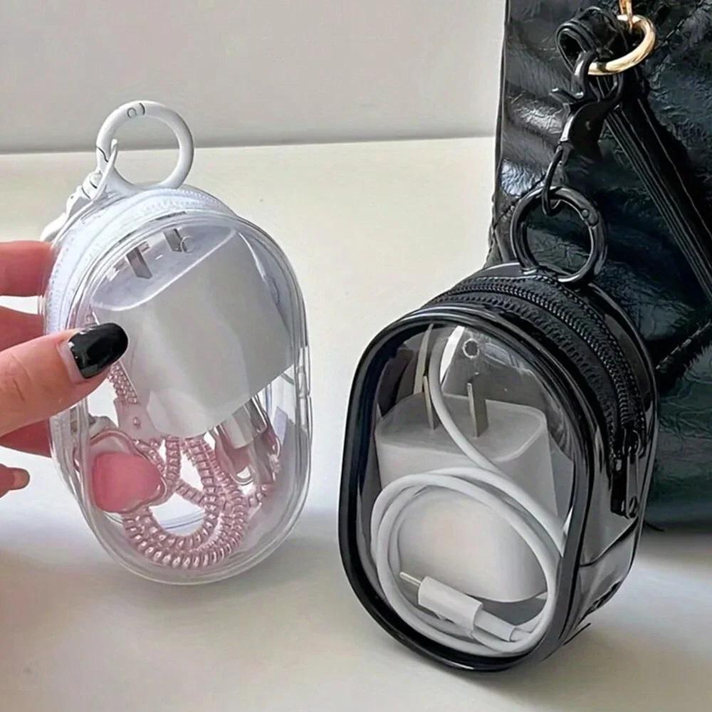 Mini bolsa de armazenamento transparente portátil com zíper, estojo multifuncional para fones de ouvido e carregador, acessórios de viagem com chaveiro