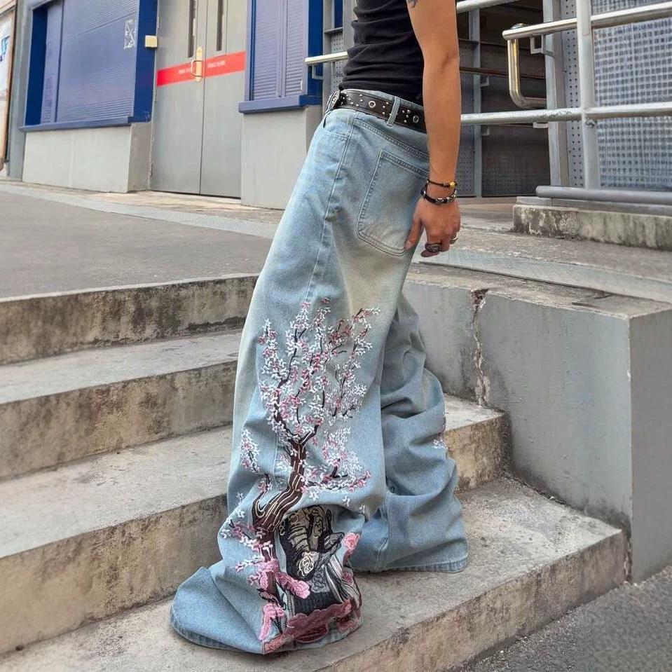 American Retro Slim Loose Jeans Printed Plum Blossom Personalized Fashion Wide-leg Denim Trousers