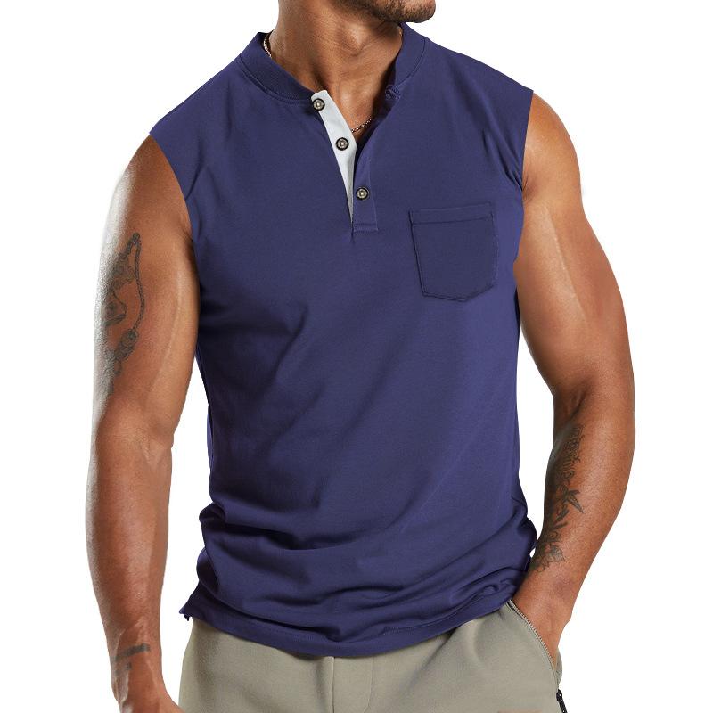 Men's Sleeveless Men's V-neck Button Sport Breathable Wide Shoulder Man T-shirt