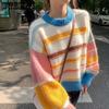 WTEMPO Rainbow Striped Women Sweater Sweet Lovely Round Neck Knitted Pullover Jumper Long Sleeve Top Bottoming Sweaters