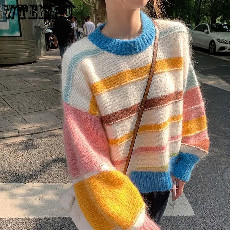 WTEMPO Pulover de damă cu dungi curcubeu, dulce și încântător, cu gât rotund, tricotat, pulover, top cu mâneci lungi, pulovere de bază