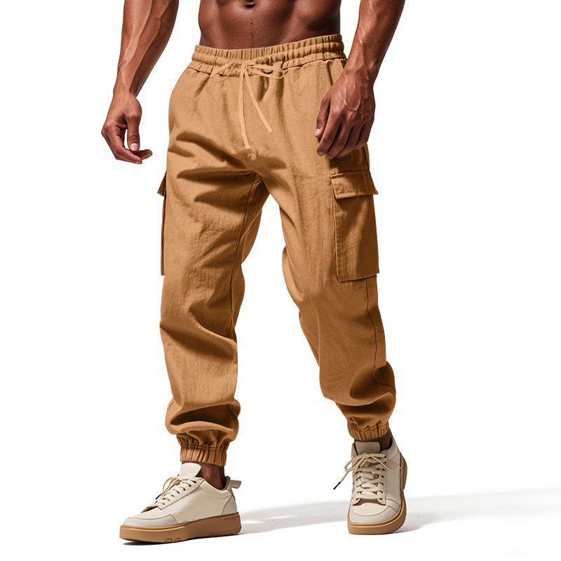 Summer and Autumn Cotton and Linen Casual Foot Tie Multi-pocket Tether Solid Color Loose Large Size Tooling Trousers Men S хаки